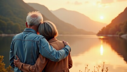 Senior couple embracing happily by a serene lake at sunset
