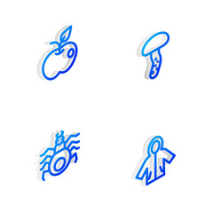 Set Isometric line Mushroom, Apple, Spider and Raincoat icon. Vector