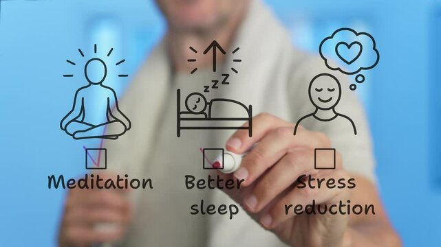 Wellness coach explaining benefits of meditation, better sleep and stress reduction by ticking checkboxes on a transparent whiteboard, isolated on blue background