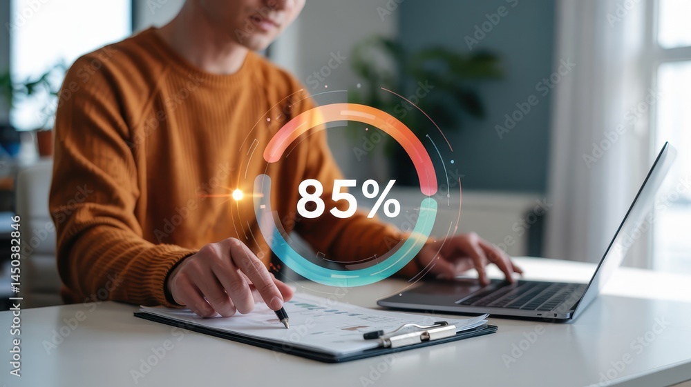 Poster a person working at a desk with a progress bar showing 85 percent completion.