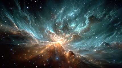 Vast cosmic nebulae, swirling in a vibrant display of colors, stretching across a dark, starry expanse.  Glowing clouds of gas and dust, illuminated by a central light source