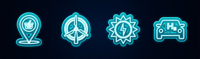Set line Location shopping basket, Rotating wind turbine, Solar energy panel and Hydrogen car. Glowing neon icon. Vector