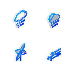 Set Isometric line Cloud with snow, rain, sun, and, Pinwheel and Wind icon. Vector
