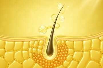 Golden serum is nourishing hair and scalp, promoting healthy growth and revitalizing damaged follicles with essential nutrients in a microscopic view