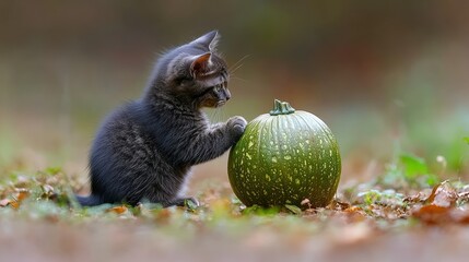 Obraz premium Cute kitten exploring a green gourd