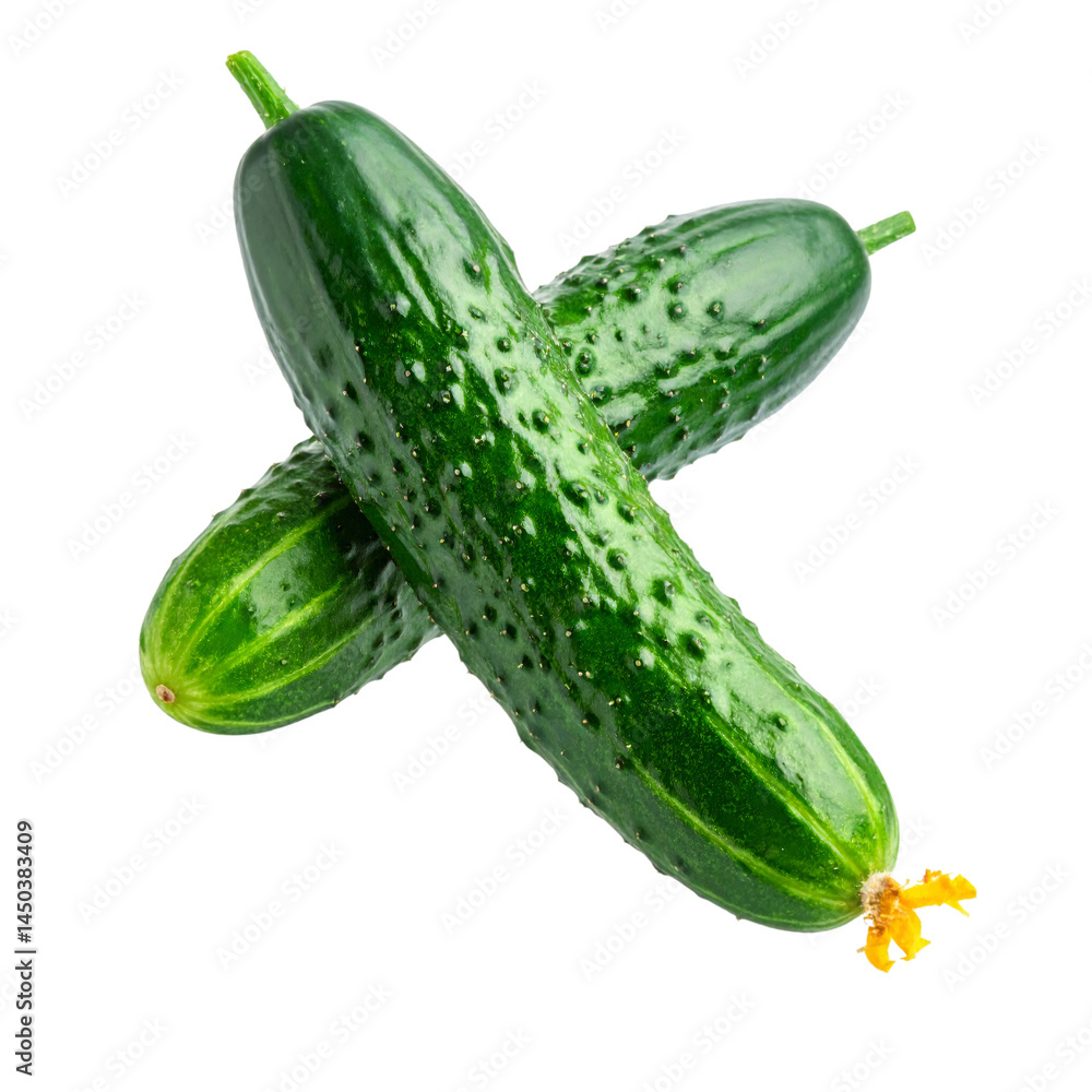 Poster two fresh cucumbers floating on transparent background with clipping path