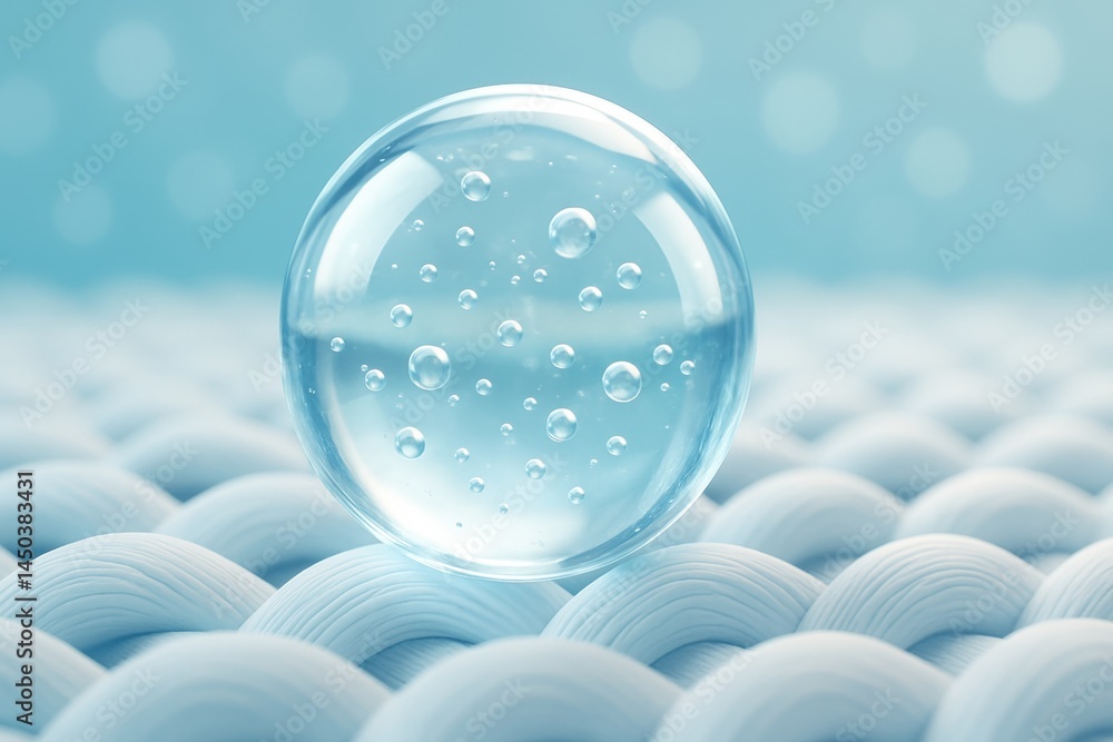 Aufkleber transparent sphere containing small bubbles sits on a textured fabric surface, creating a concept of