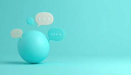 Influencer marketing partnership concept. 3D speech bubbles around a teal sphere on a clean background.