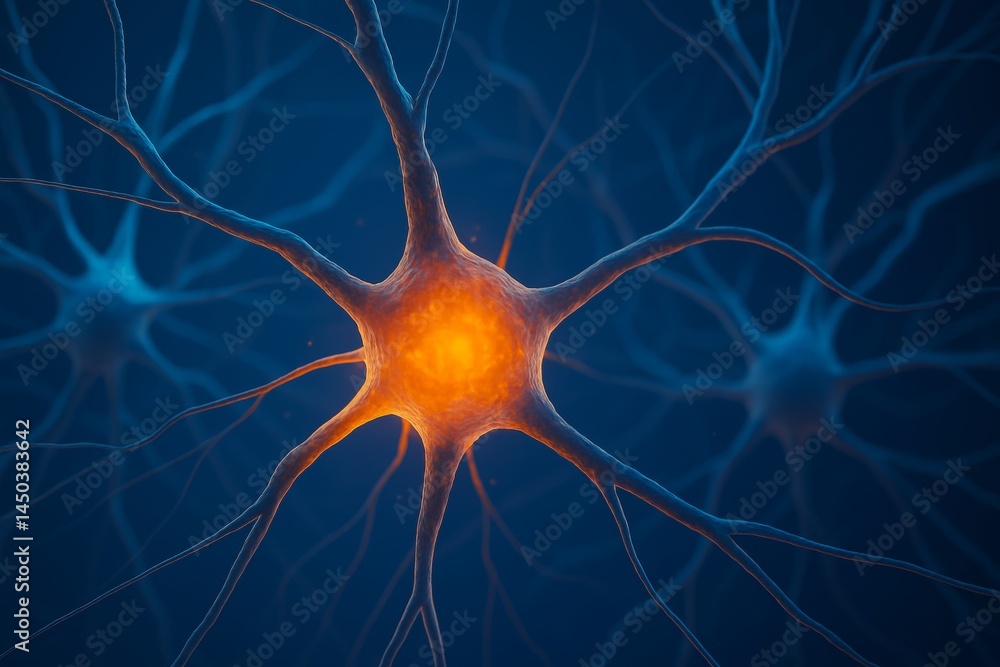 Poster glowing neuron transmitting signals in the nervous system, representing concepts like neural network