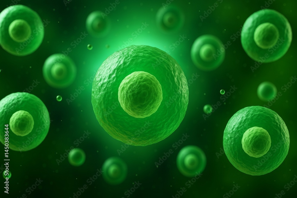 Poster microscopic view of green cells with their nuclei floating and reproducing in a dark green environme