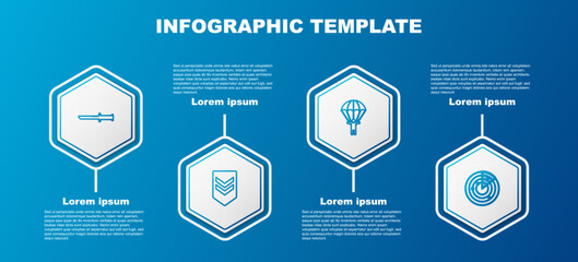 Set line Military knife, Chevron, Parachute and Radar with targets. Business infographic template. Vector