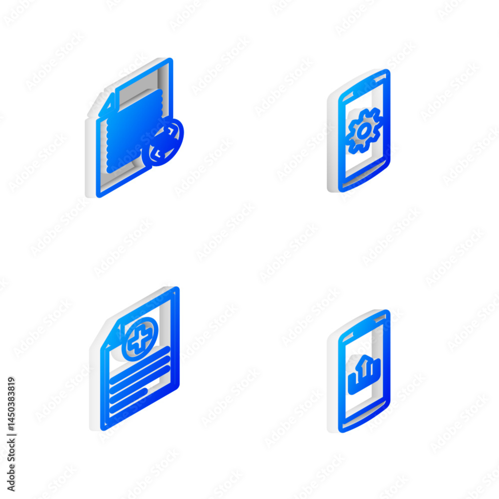 Poster set isometric line setting on smartphone, transfer files, clinical record and smartphone with upload