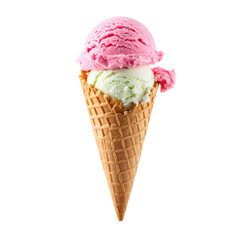 Ice cream scoops of different flavors filling a crispy cone on transparent background