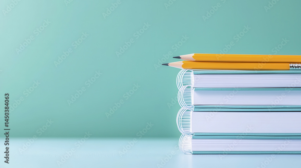 Aufkleber stack of notebooks with pencils on teal background, creating calm and organized study atmosphere