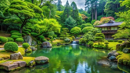 Poster de jardin  Serene water feature in a traditional Japanese garden surrounded by tall trees and lush greenery, trees, pond, trees  © Kitiphong