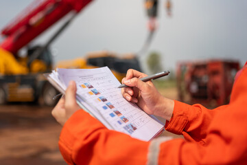 An engineer or foreman is checking on safety checklist form of lifting crane at the drilling rig...