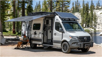 nomad camper van parked by a lake with solar panels deployed and a person working remotely under the awning