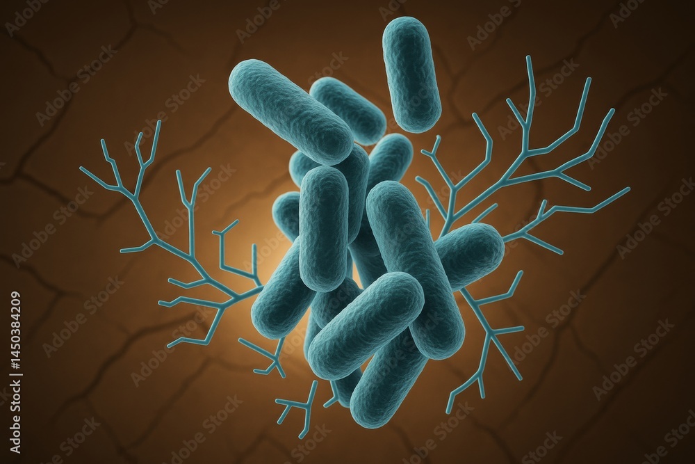 Poster microscopic view showing rod-shaped bacteria multiplying and forming a colony with intricate branchi