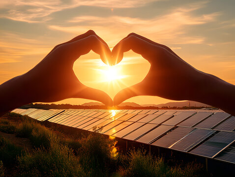 imagen de instalaci&oacute;n de paneles solares al atardecer amanecer con unas manos que hacen el signo de coraz&oacute;n