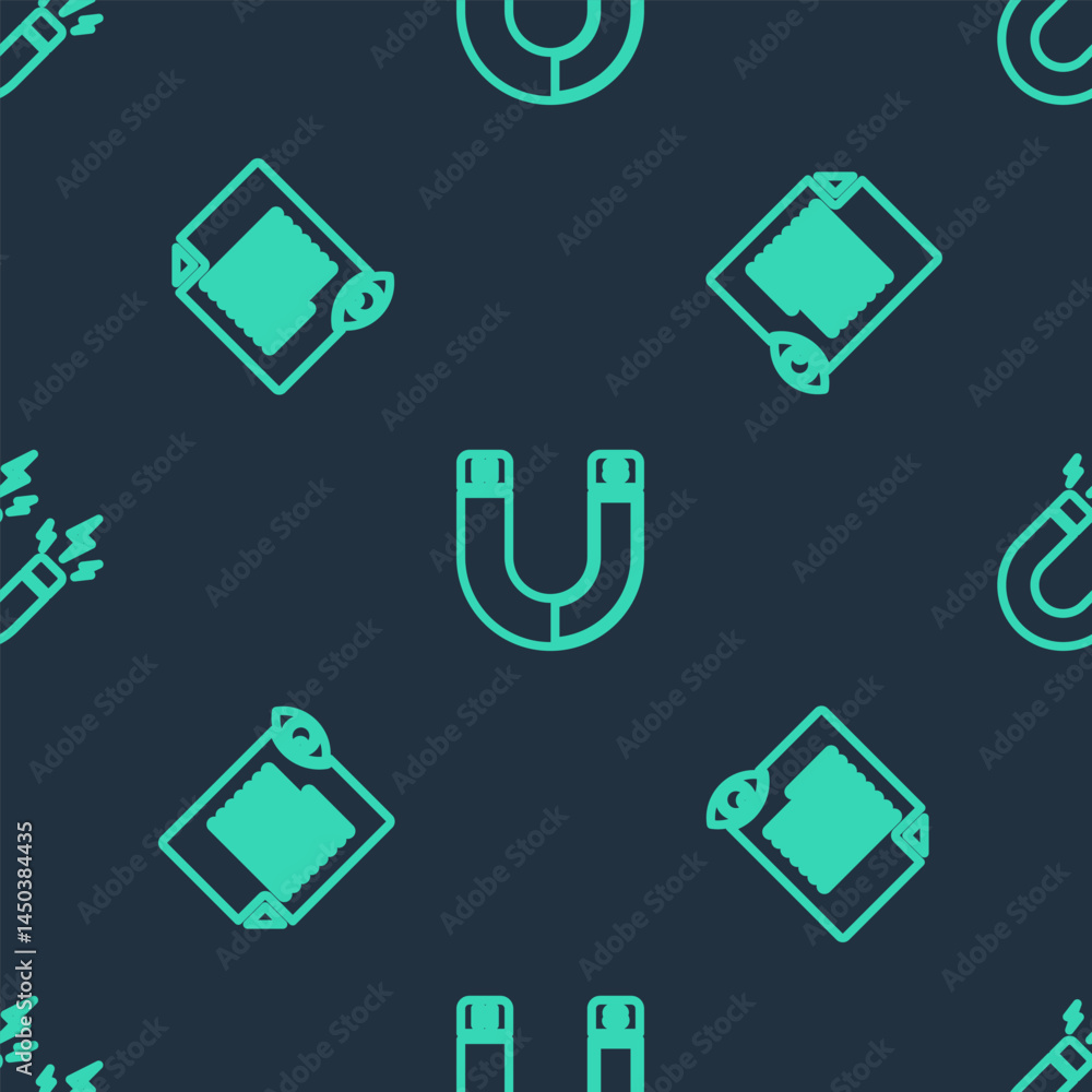 Poster set line magnet, paper page with eye and lightning on seamless pattern. vector