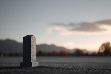 headstone casting solitary shadow on well-manicured grass adorned with minimalistic engraved details isolated in expansive