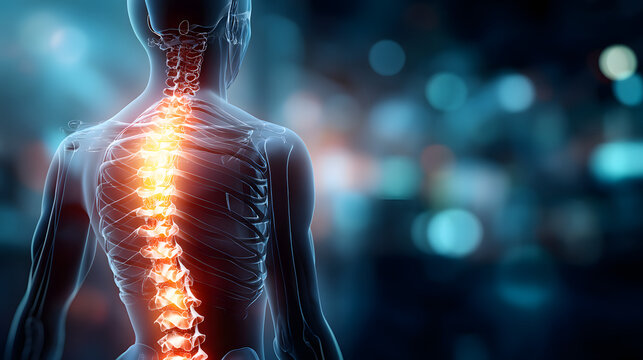Ilustraci&oacute;n m&eacute;dica de la columna vertebral humana con &eacute;nfasis en la salud espinal, sistema &oacute;seo, dolor y anatom&iacute;a, fondo tecnol&oacute;gico y cient&iacute;fico
