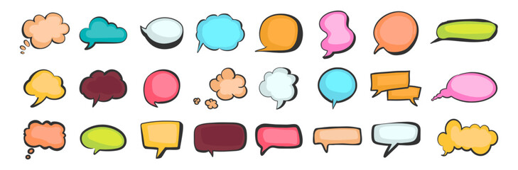 Colorful Hand Drawn Speech Bubble Set – Doodle Comic Style Chat Balloons and Message Boxes Isolated on Transparent Background