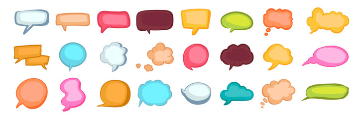 Colorful Hand Drawn Speech Bubble Set – Doodle Comic Style Chat Balloons and Message Boxes Isolated on Transparent Background