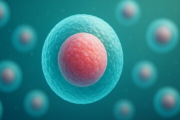 Microscopic view revealing organic cells with nuclei suspended against a vibrant teal background, illustrating concepts of biology, medicine, healthcare, and scientific research