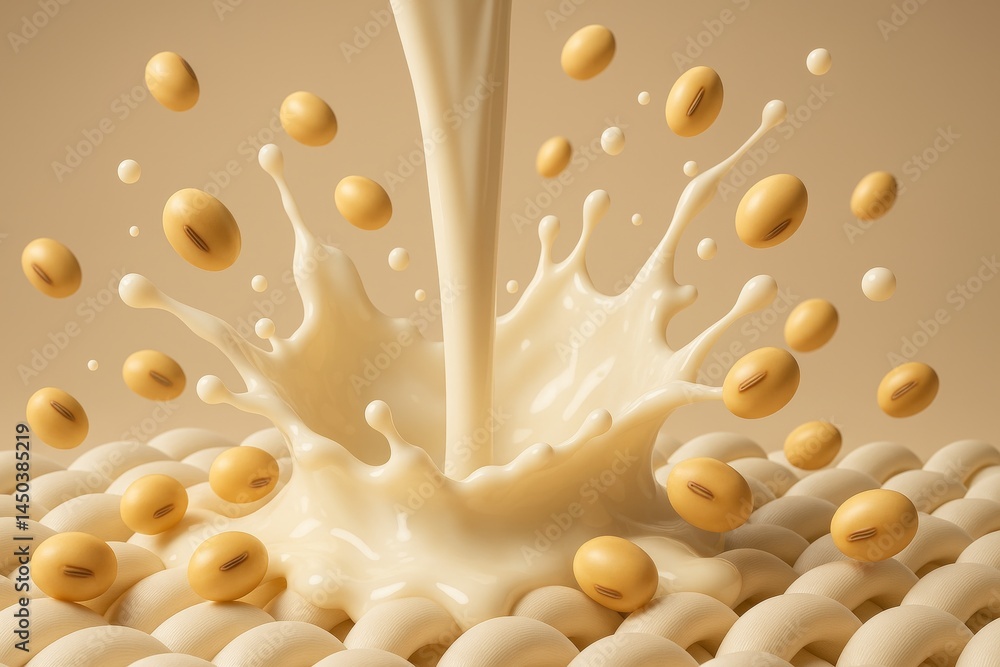 Poster soy milk is splashing and creating a crown shape with soybeans jumping around on a beige textured ba