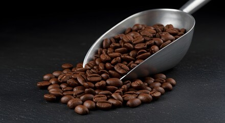 Fototapeta premium Dark Roast Coffee Beans Spilling from Metal Scoop on Slate