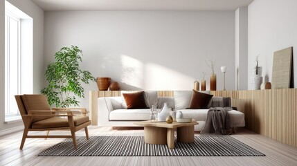 Fototapeta premium Modern Living Room Interior Design: A spacious, minimalist living room bathed in natural light boasts a white sofa with brown throw pillows, a comfortable armchair, and a stylish wooden coffee table.