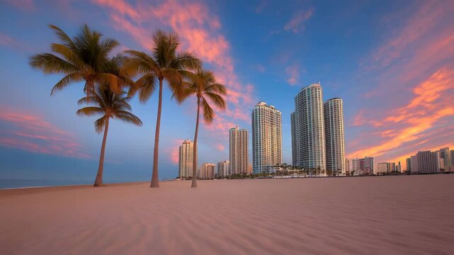 Modern skyscrapers against vibrant sunset sky.
