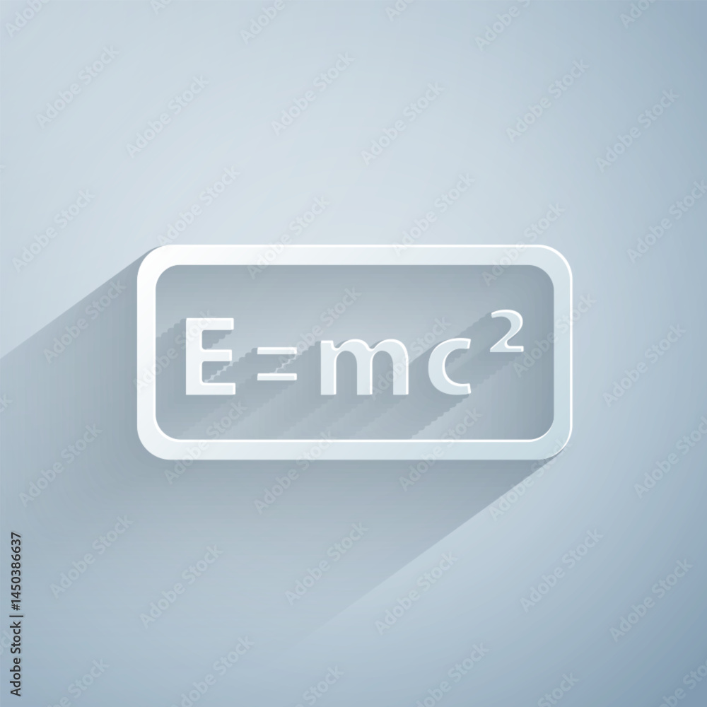 Poster paper cut math system of equation solution icon isolated on grey background. e equals mc squared equ