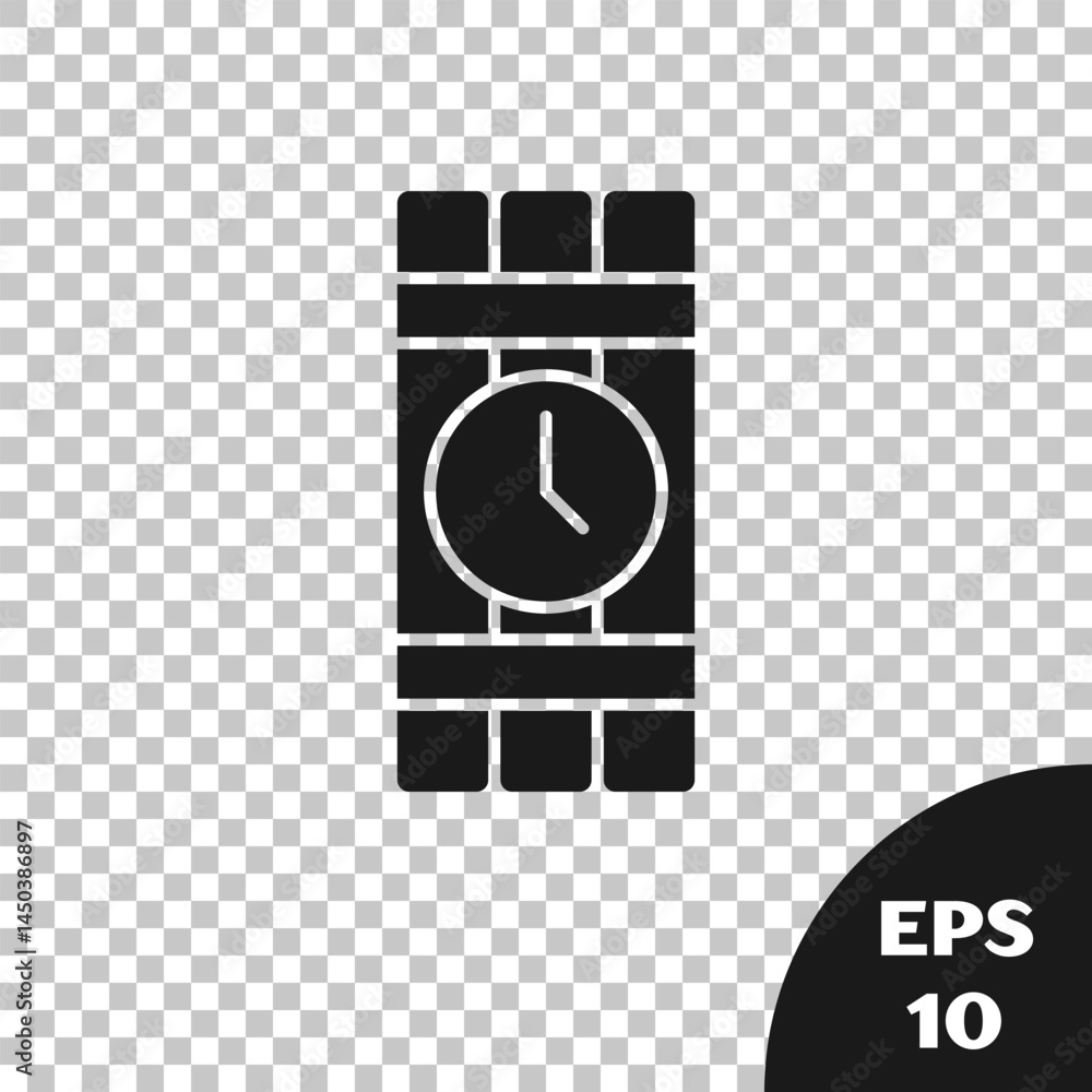 Poster black detonate dynamite bomb stick and timer clock icon isolated on transparent background. time bom