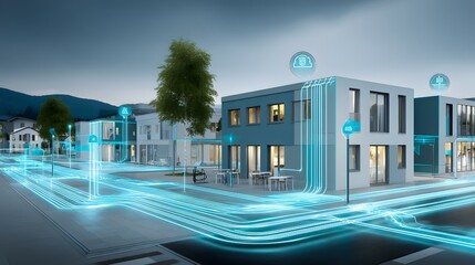 with light trails from flying vehicles and illuminated smart buildings