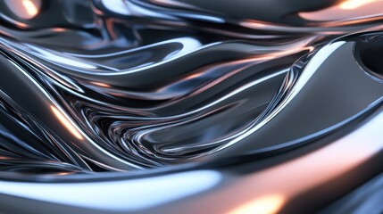Abstract metallic fluid with swirling, reflective surface and warm highlights.