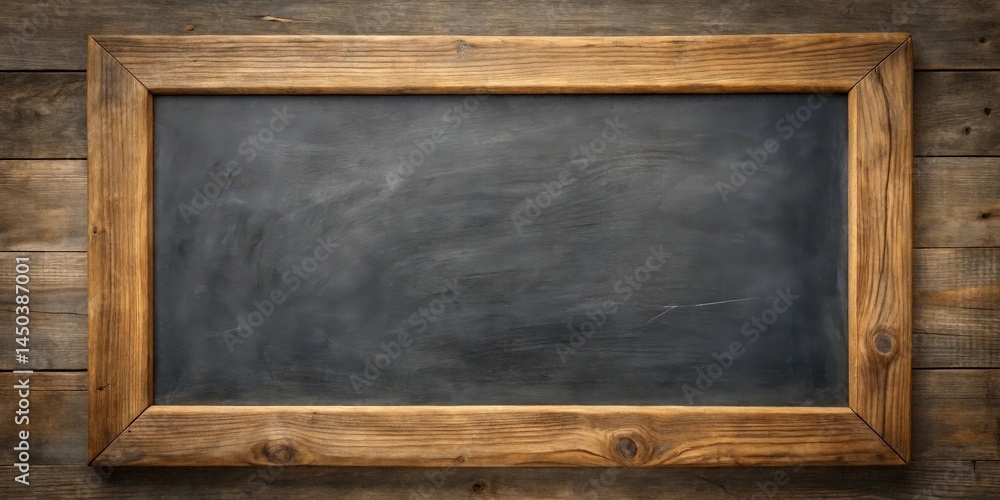 Poster a rustic wooden frame encloses a blank blackboard on a weathered wooden background