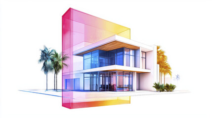 Modern architectural design featuring vibrant, colorful facade with geometric shapes and palm trees. structure showcases large glass windows