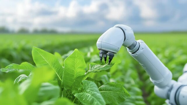 Robotic arm tending to green crops outdoors.