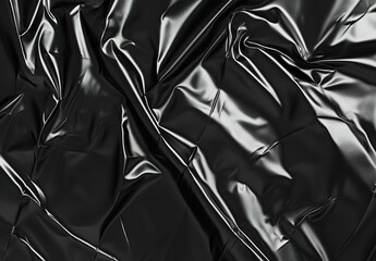 Realistic - photographic picture of a black reflective material with irregular folds and silver glows, strong side - light contrast