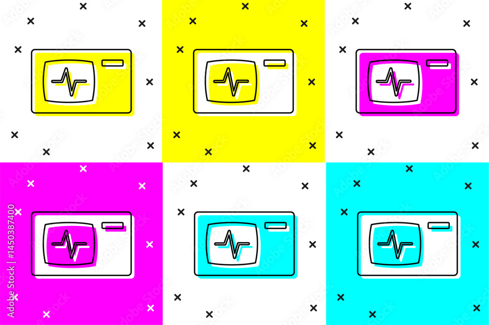 Poster set computer monitor with cardiogram icon isolated on color background. monitoring icon. ecg monitor