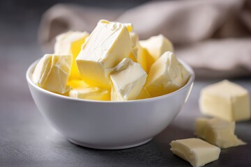 Bowl of butter cubes on table