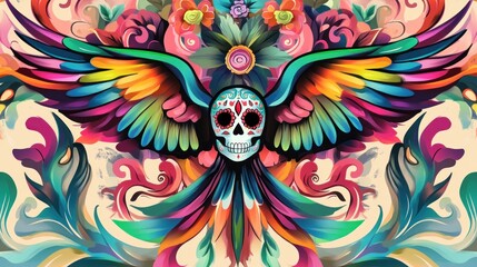 Colorful sugar skull with vibrant wings and floral design.