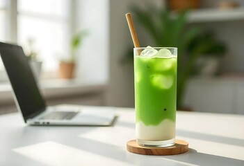 Generative AI Matcha latte delight break while working from home at office