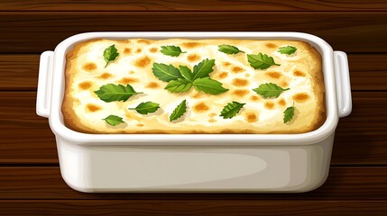 Baked casserole dish with fresh herbs on a wooden surface
