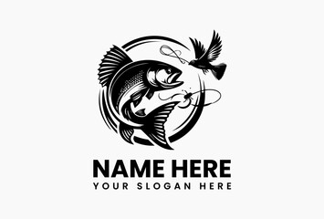 Bold fishing hook integrated with a dynamic wave, timeless vector logo for tackle shops and charters  