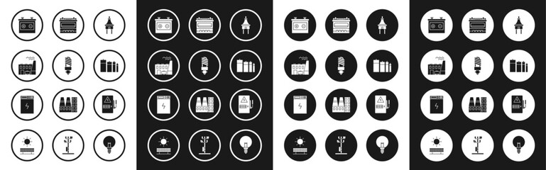 Set Electric plug, LED light bulb, Coal power plant and factory, Car battery, Battery, Electrical panel and Power bank icon. Vector