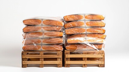 Neatly stacked salmon fillets in wooden crates wrapped in plastic on white background.