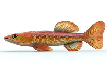 Obraz premium A digitally rendered image showcases a vibrant orange and reddish-gold fish with detailed scales and prominent fins isolated on a white background.
